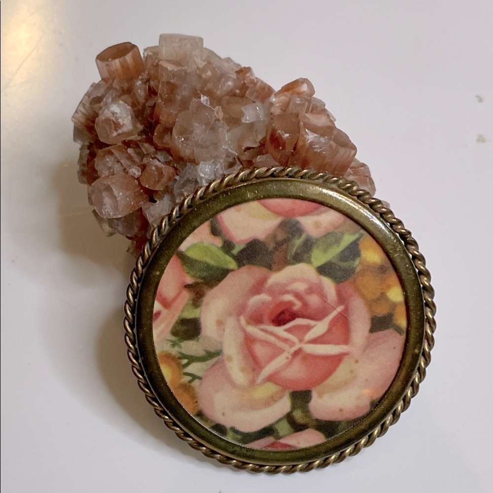 Retro Roses Round Dome Pin Photo Victorian Revival Romantic Vintage Brass Frame